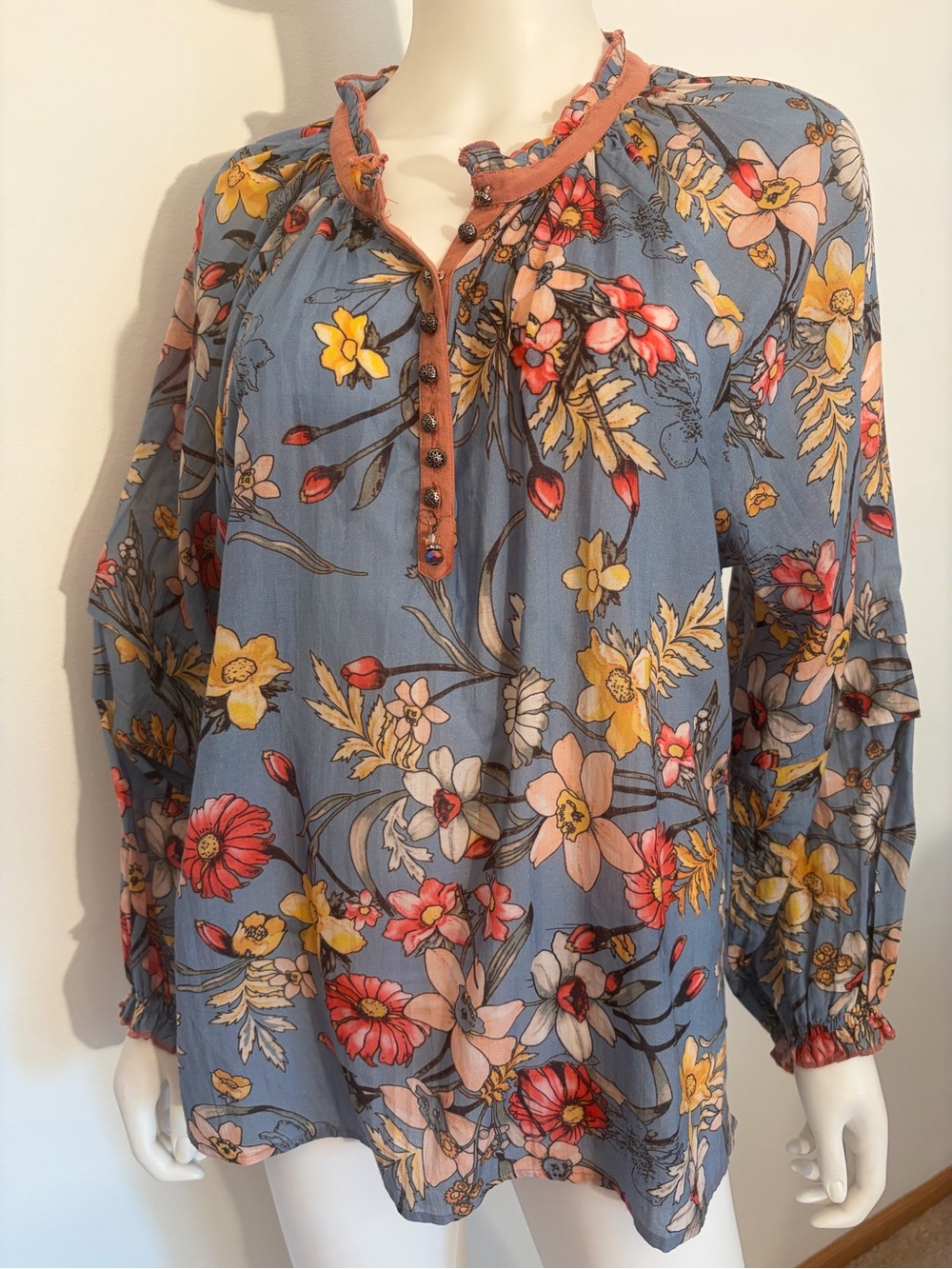 #769 Aratta NWT Blue Floral Print Henley Boho Blouse by Aratta. Engraved buttons